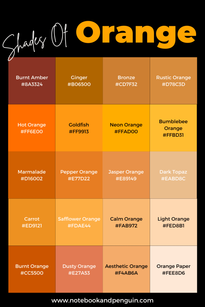 Orange color swatches with orange color names and hex codes - Infographic