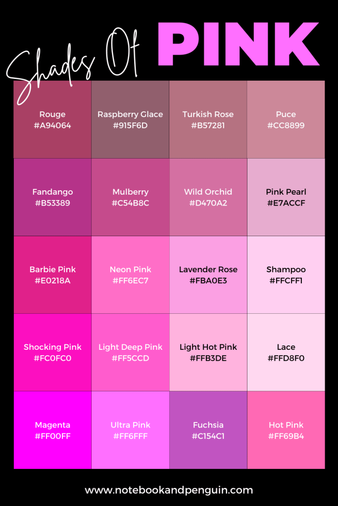 Pink color swatches including pink color names and pink hex codes - Infographic