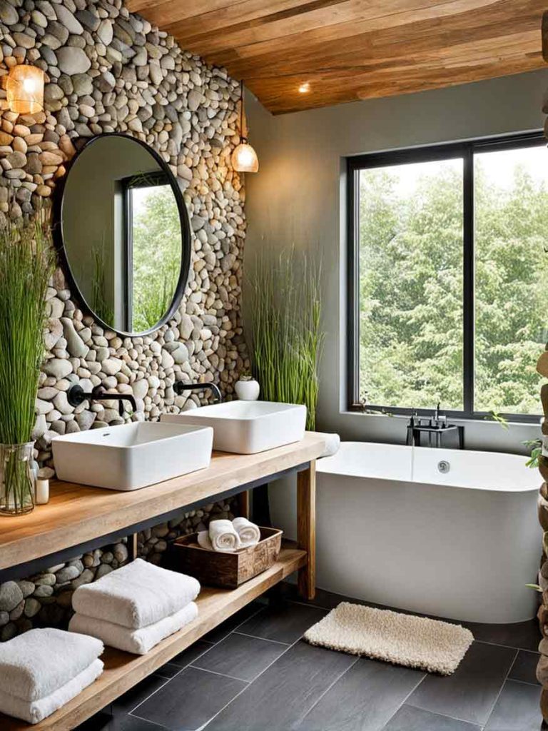 Relaxing bathroom with stone pebble feature wall, white bathtub and gray floor tiles