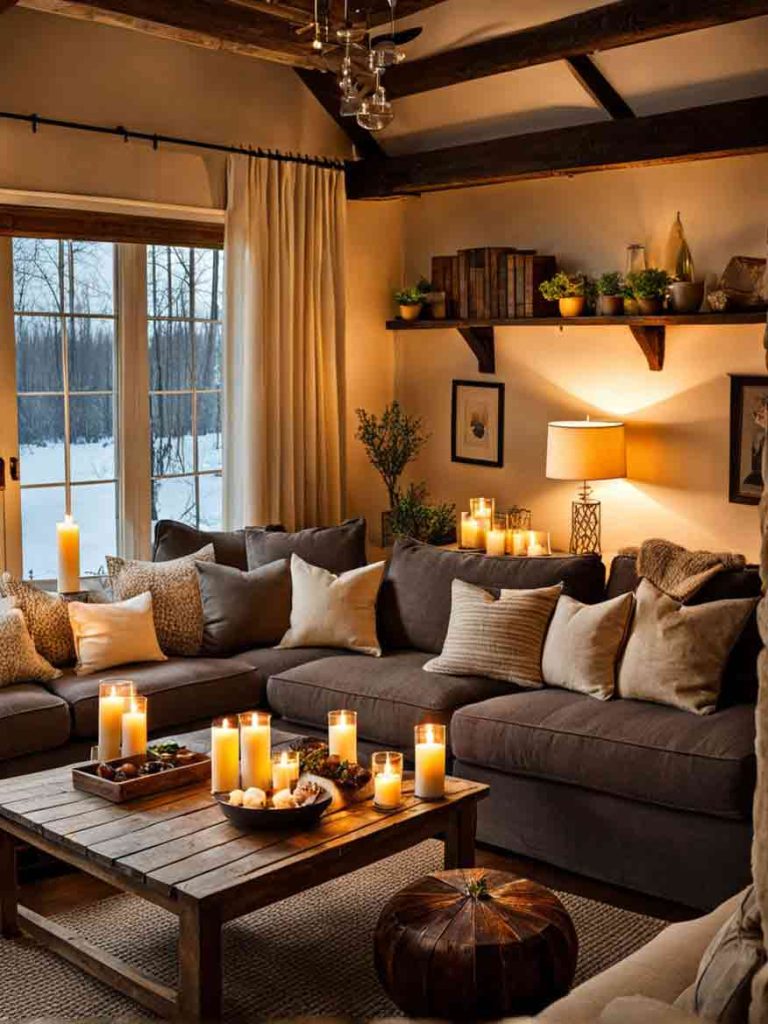 Cozy and comfy living room with brown color scheme and scented candles.