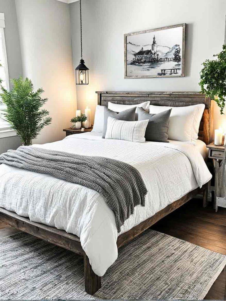 White and gray farmhouse bedroom idea