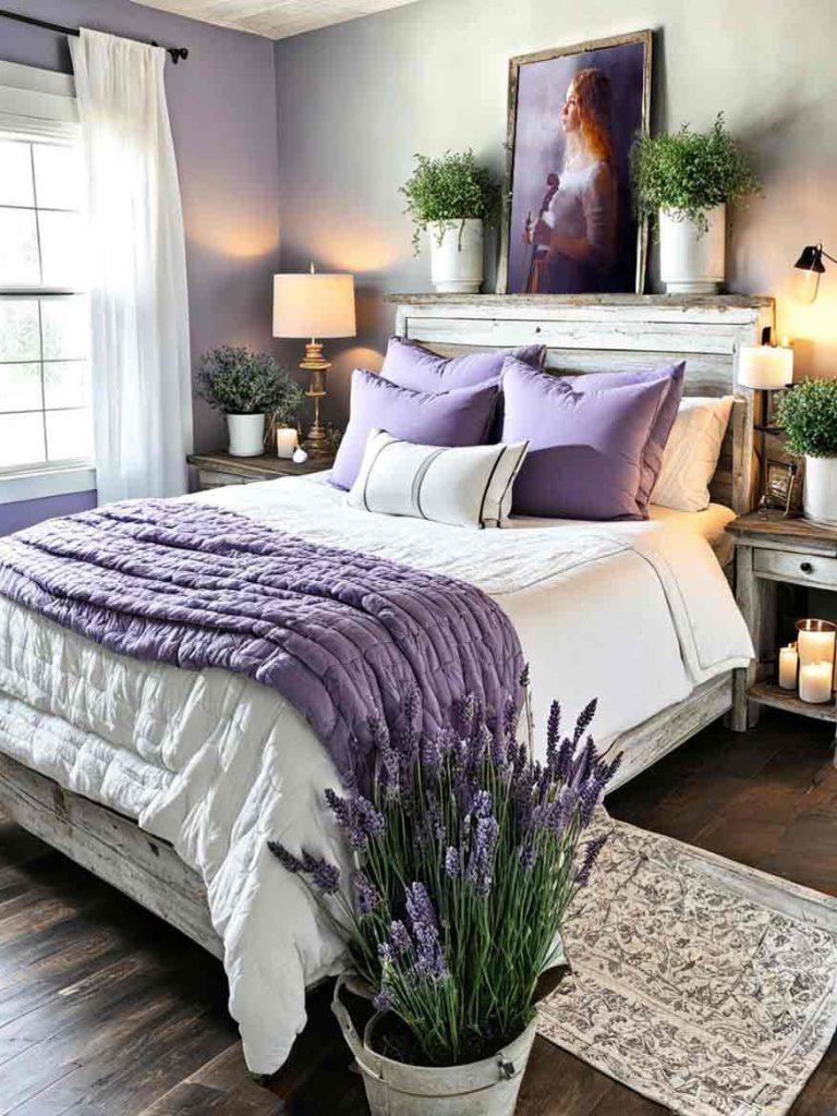 Lavender and white cozy farmhouse bedroom idea