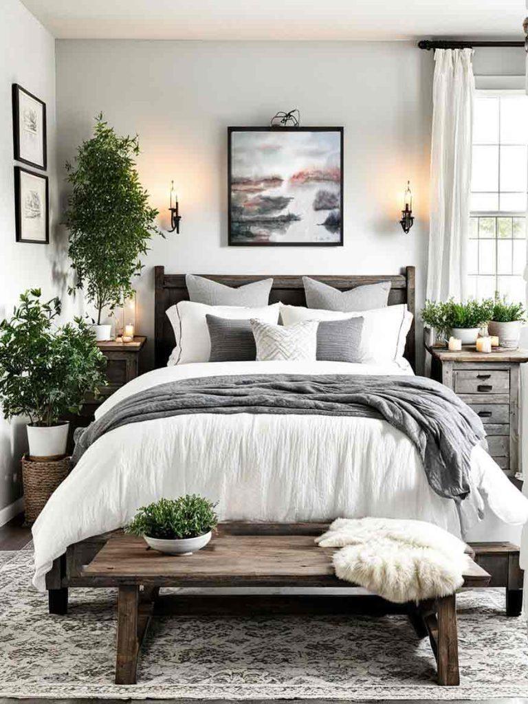 Gray and white farmhouse bedroom idea