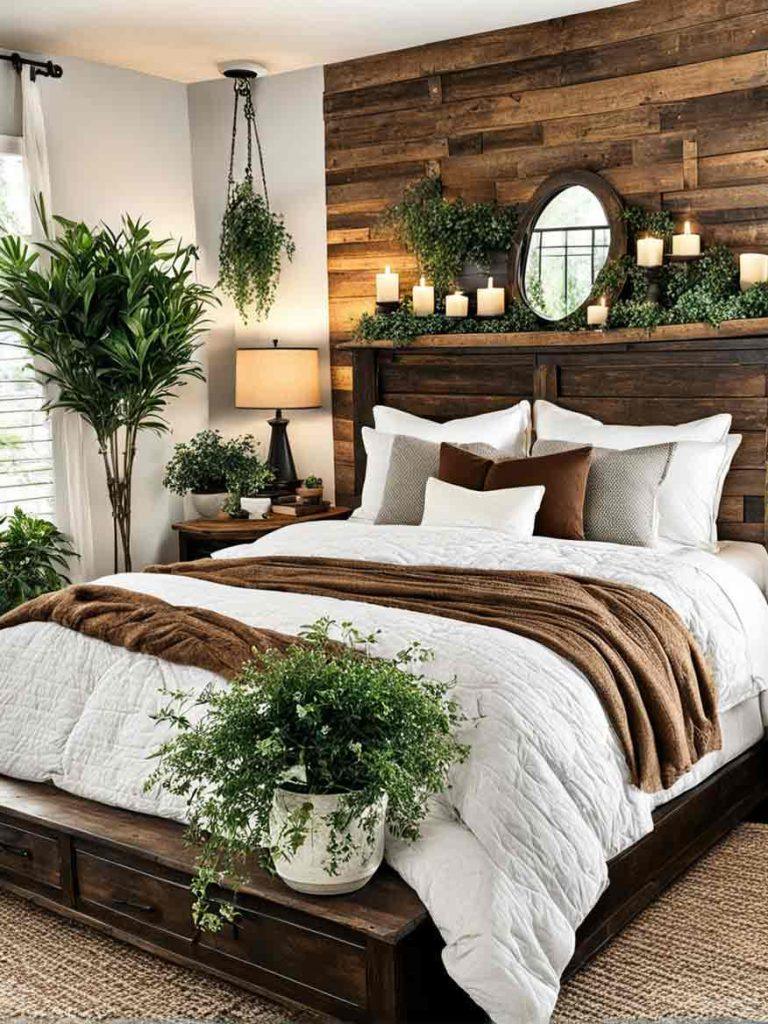 Cottage farmhouse bedroom with white and brown color scheme