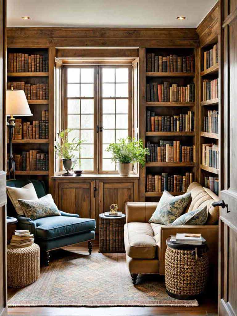 Home library idea with cottage design aesthetic
