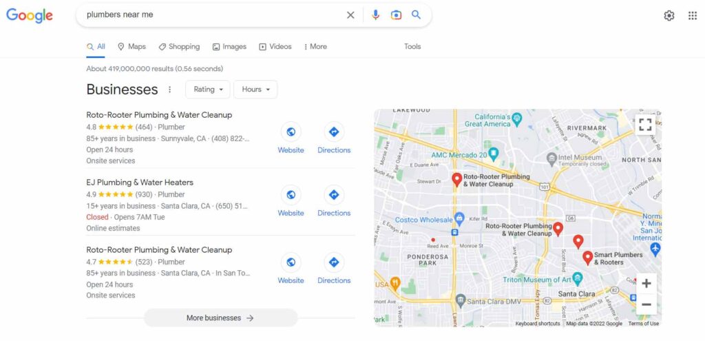 Google search results for "plumbers near me".