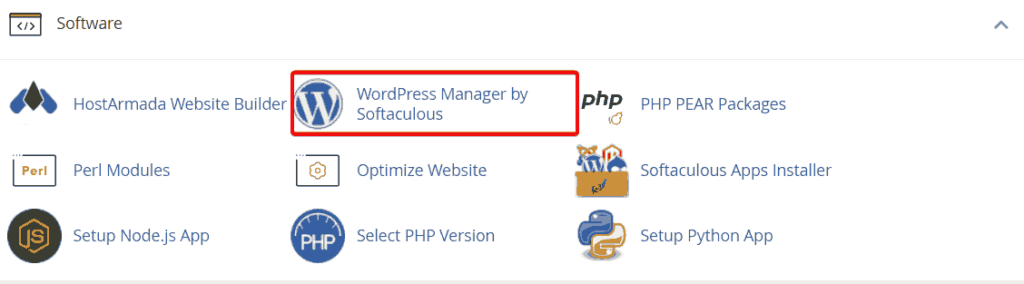 Select WordPress Manager By Softaculous From cPanel Software Section