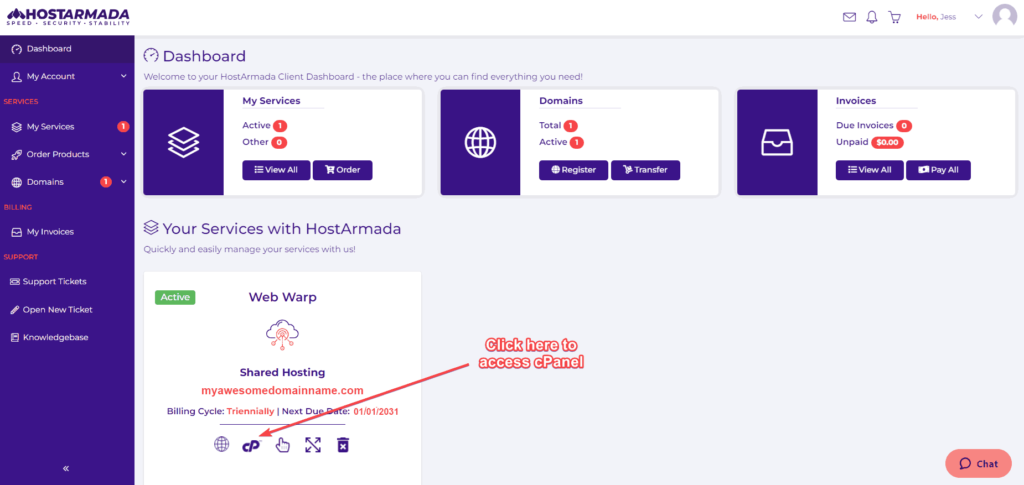 HostArmada Client Dashboard - How To Log In To cPanel