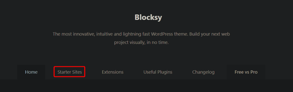 Blocksy Starter Sites Menu Item