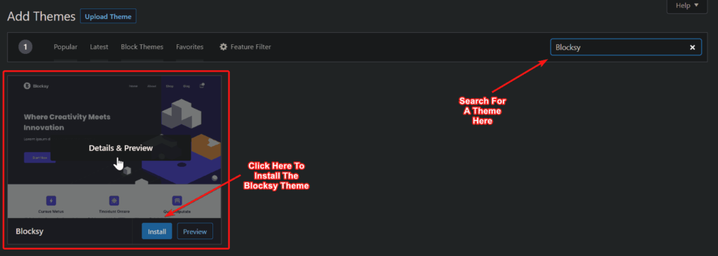 Search For And Install The Blocksy WP Theme