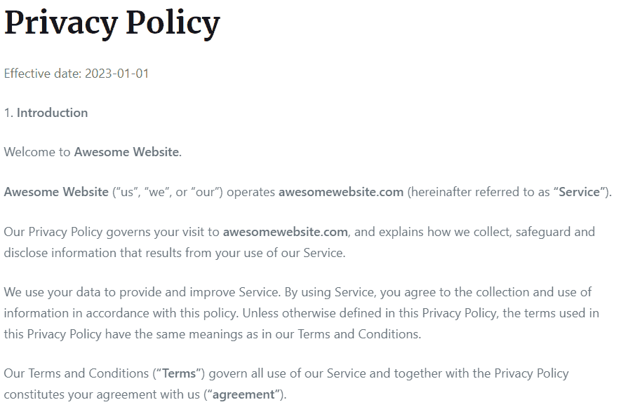 WordPress privacy policy page