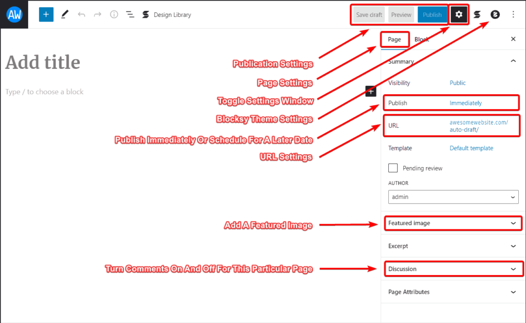 WordPress page settings