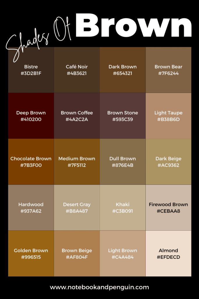 Brown color code chart with 20 colors including brown hex codes