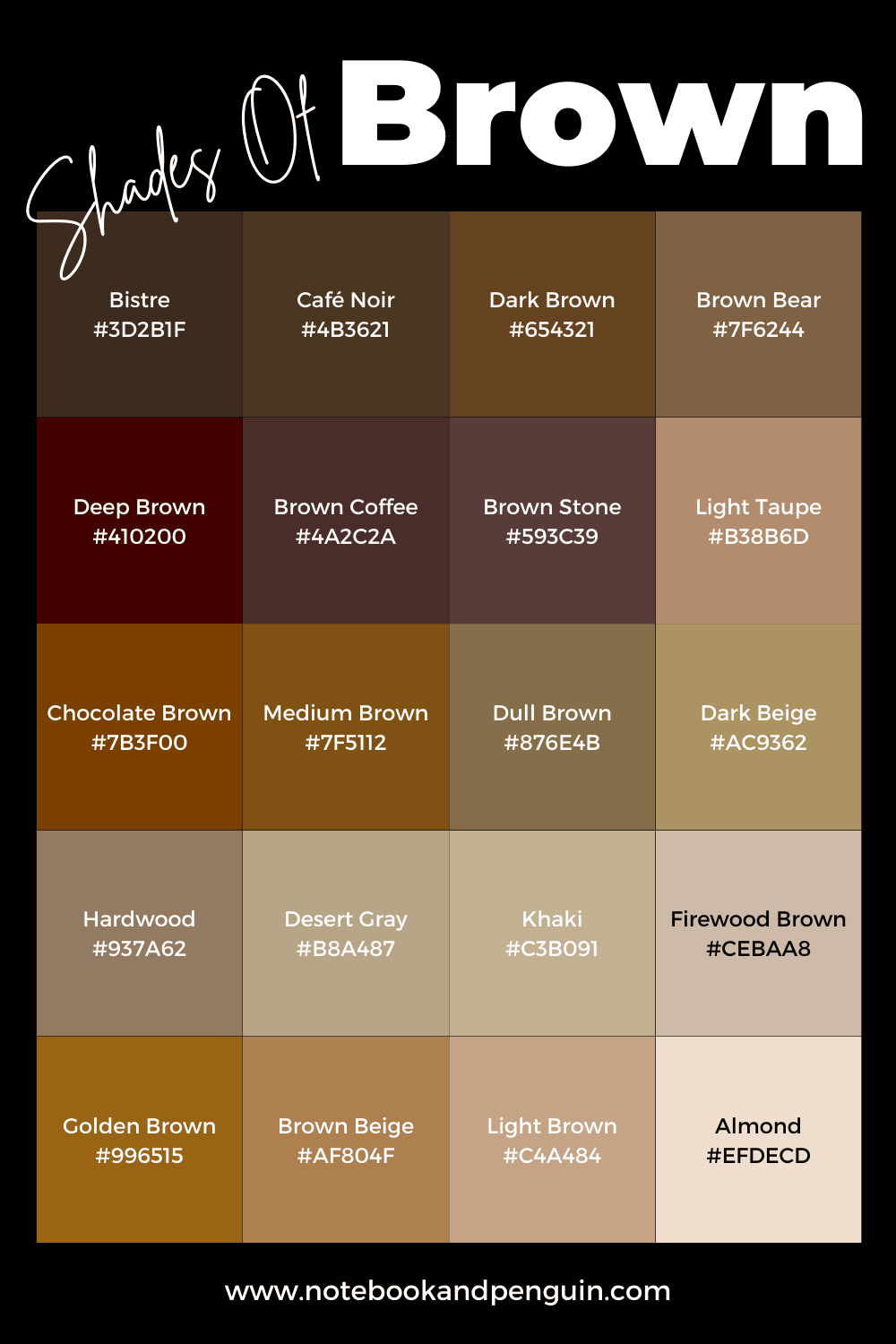 Brown color code infographic with 20 brown colors including corresponding brown hex codes