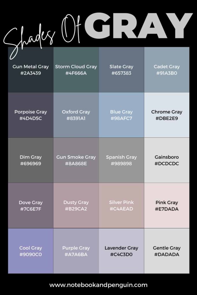 Gray color chart infographic with gray hex codes and gray shade names.