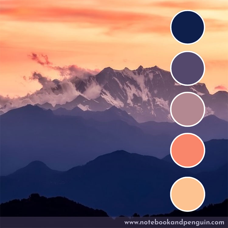 Muted oranges, yellows, grays and navy blue color palette