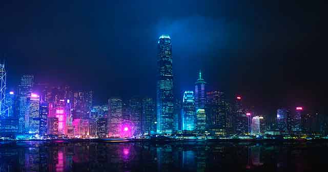 City skyline with neon colors