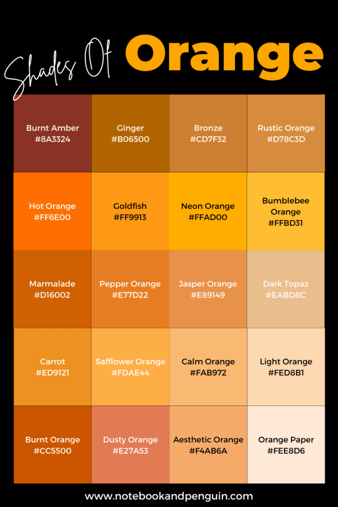 Orange color swatches with orange color names and hex codes