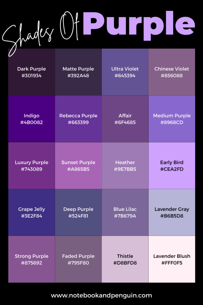 20 Purple Shades Infographic With Purple Hex Codes, Purple Color Swatches and Purple Color Names