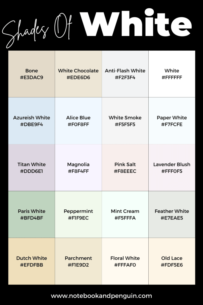 White hex codes and color names chart