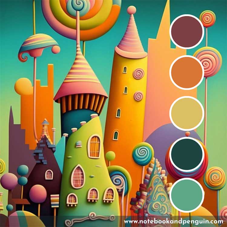 Burgundy, burnt orange, yellow, green and teal color palette