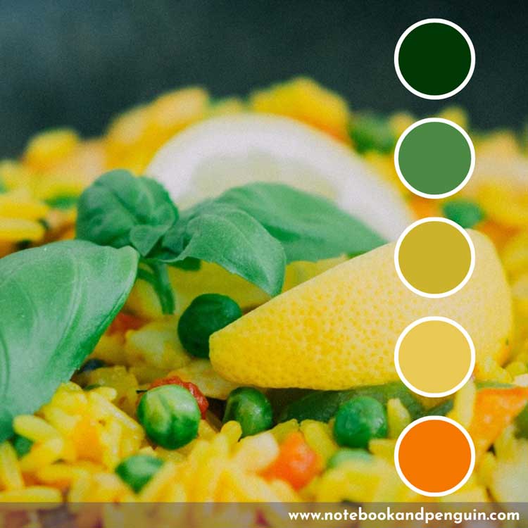 Green and yellow color palette with orange accent color