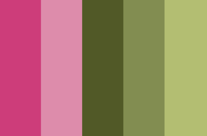 Pink and green color palettes with hex codes included