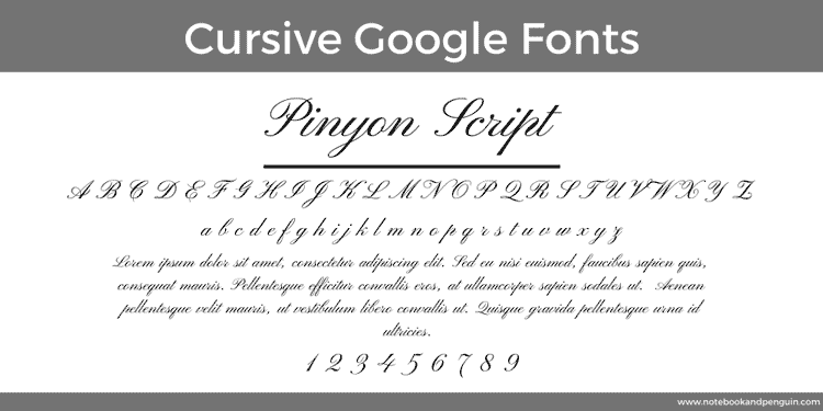 Pinyon Script cursive Google font example