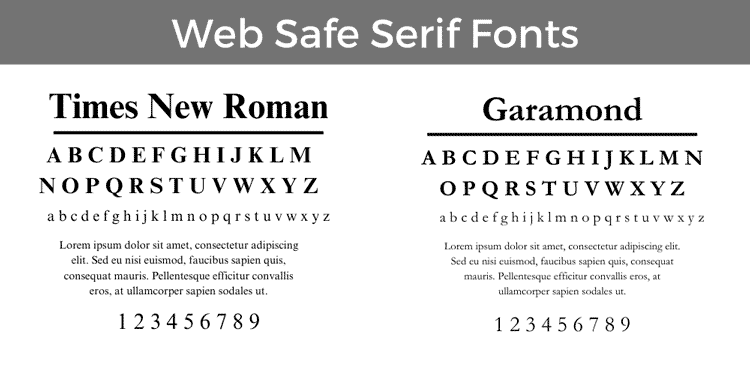 Web safe serif font examples -  Times New Roman and Garamond fonts