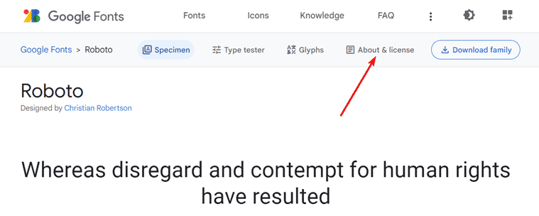 Google Fonts About and Licencing Tab