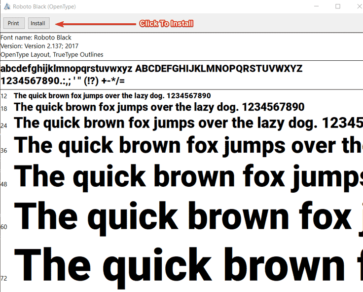 Click "Install" to install a Google Font