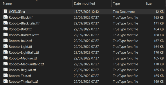 Roboto Google Font - Extracted Files