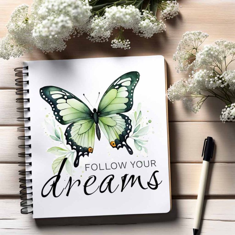 A journal with a bold font and watercolor butterfly on the cover
