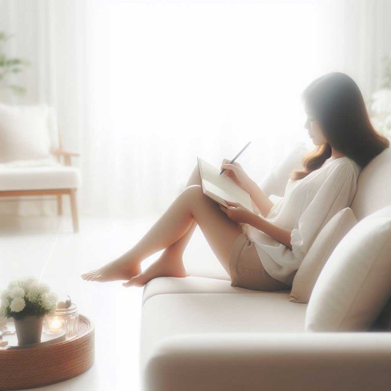 A woman sitting on a sofa learning how to journal