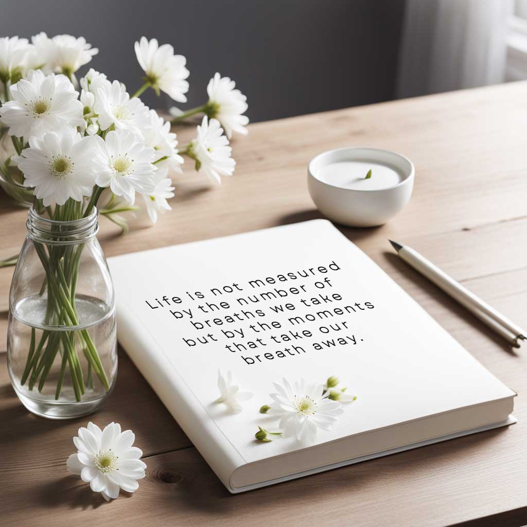 A white journal with a quote on its cover. 