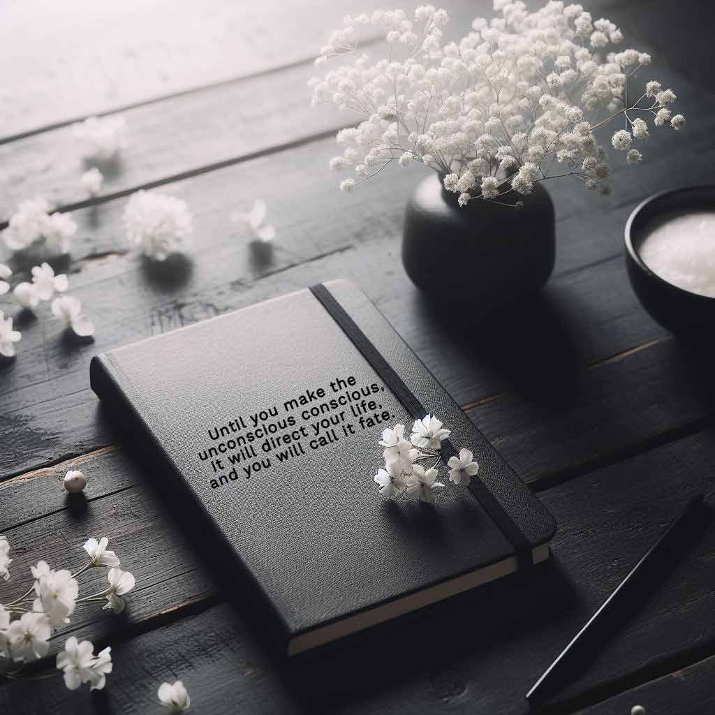 A white journal with a quote on its cover. 