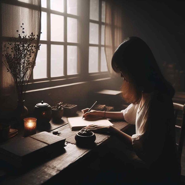 Woman sitting at a desk doing shadow work