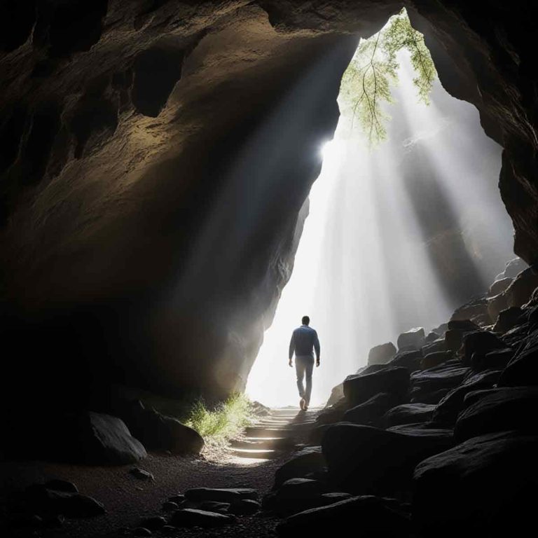 Man walking out of a dark cave symbolizing someone using shadow work to move from shadows to the light