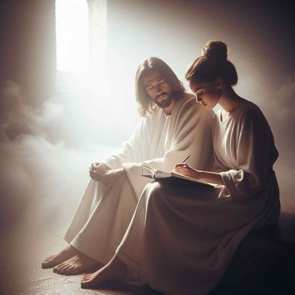 Jesus sitting and watching a woman journaling