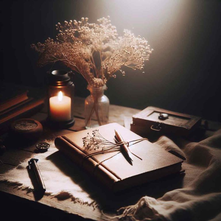 A shadow work journal on a desk with light flowing into a dark room