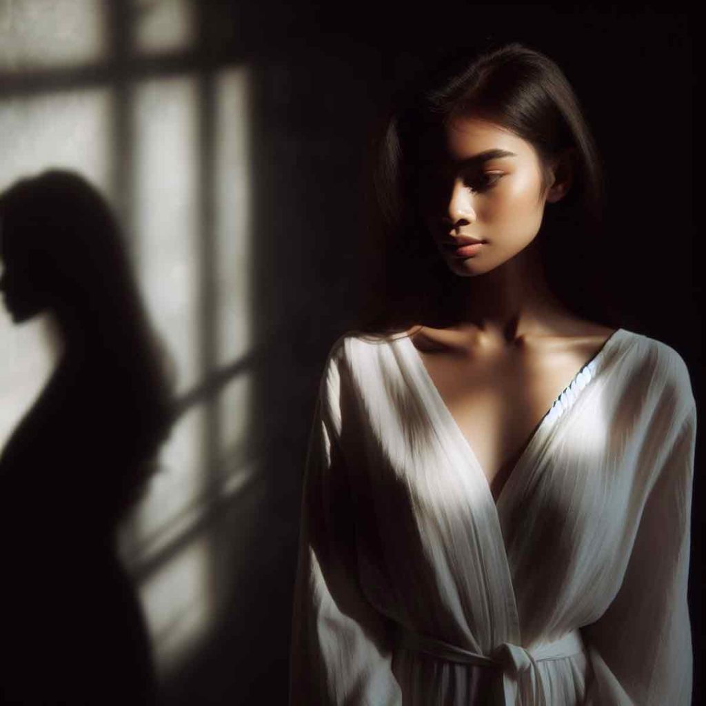 Woman standing in a room with her shadow on the wall behind her