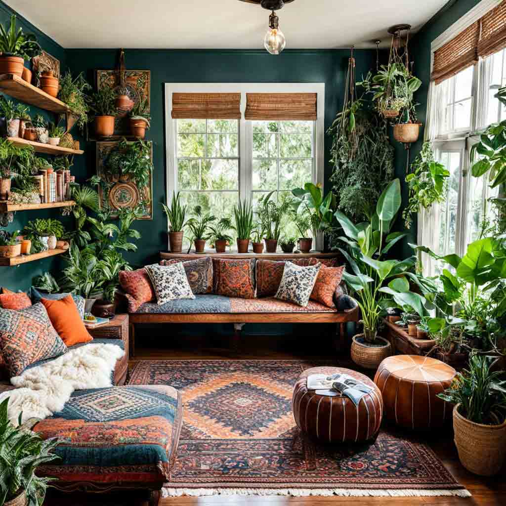 boho style journaling room with teal colored walls and contrasting burgundy furniture and cushions