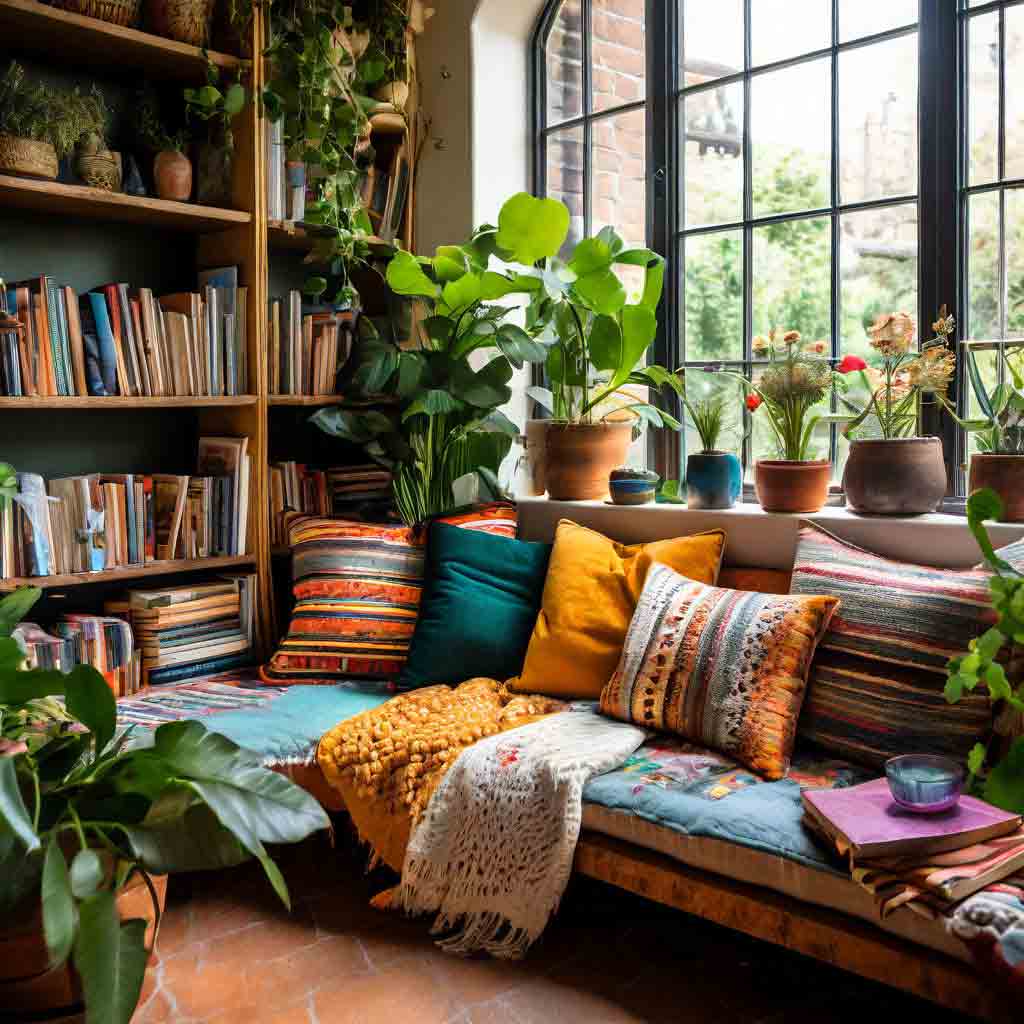 boho style journaling corner with colorful cushions and comfy blankets