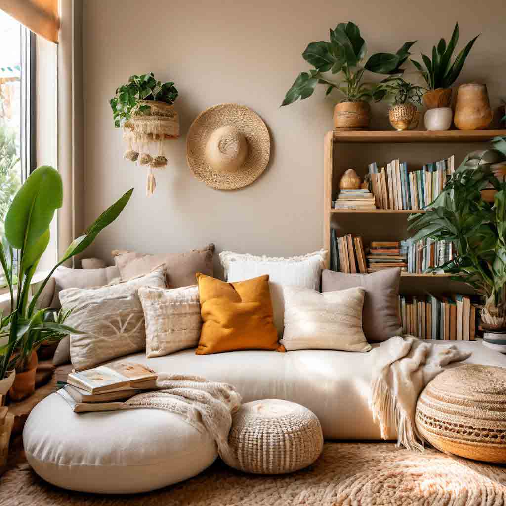 cozy boho reading and journaling nook with bean bags, throw cushions, and plants for decoration
