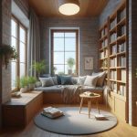 journaling nook with window seat and blue and beige color palette