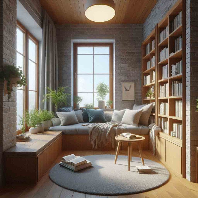 journaling nook with window seat and blue and beige color palette