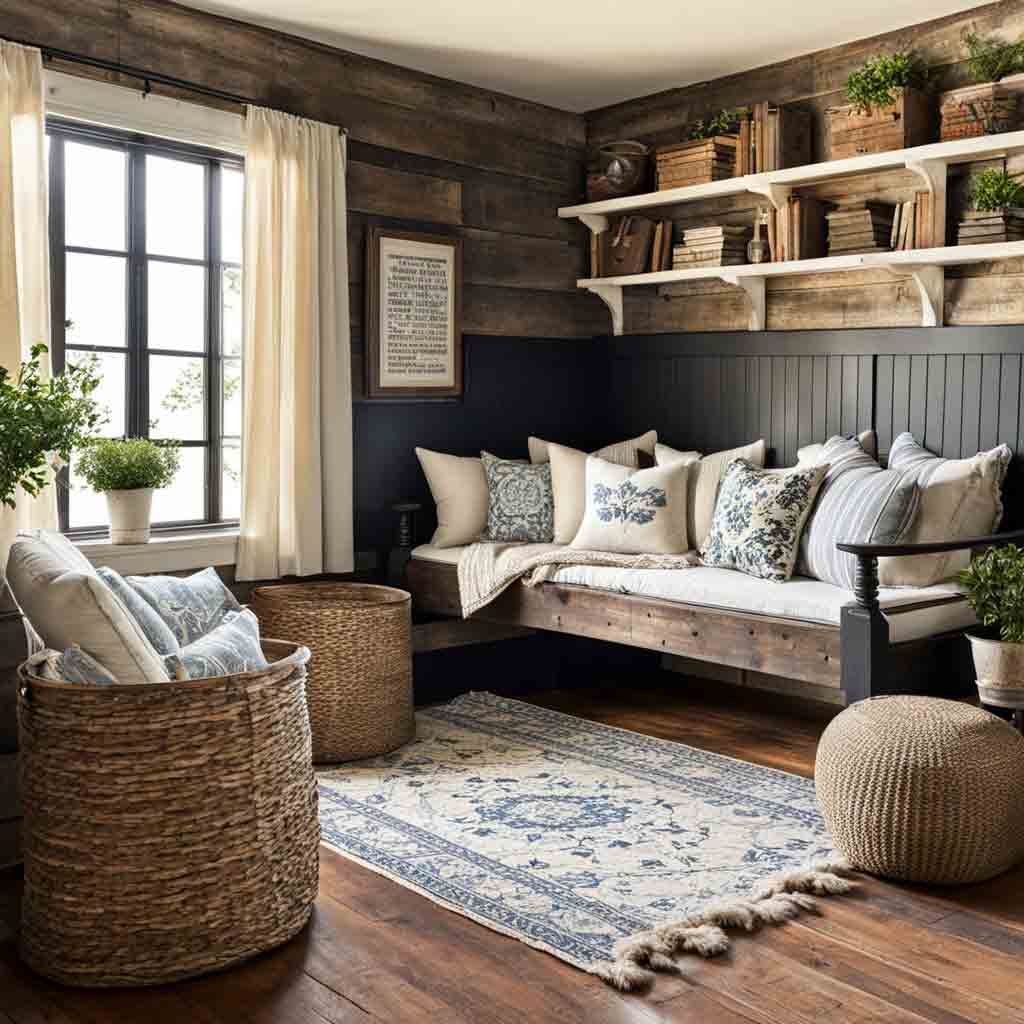 cabin style reading and journaling room with wooden walls and cream and blue color palette