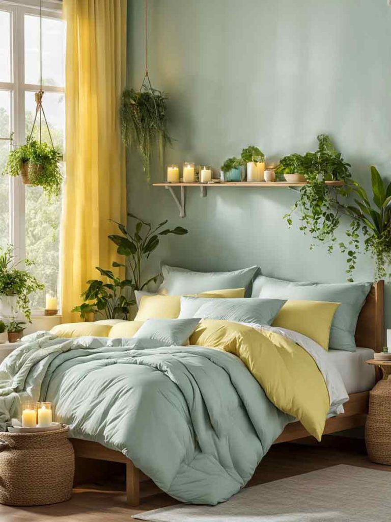 Bedroom with a pastel green and yellow color scheme