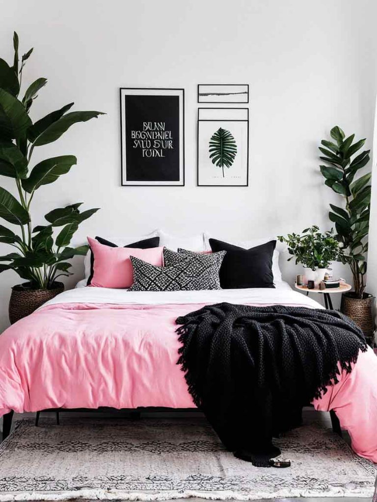 bedroom with pink and black color scheme