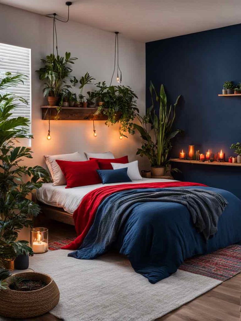 bedroom with bold red and navy blue color scheme